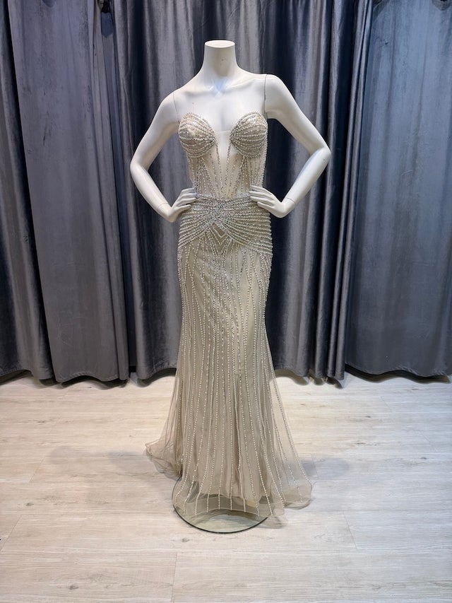 strapless open back dress Classic Long A-Line Glitter Prom Dress with Pockets Champagne Gold / XLarge main image 0